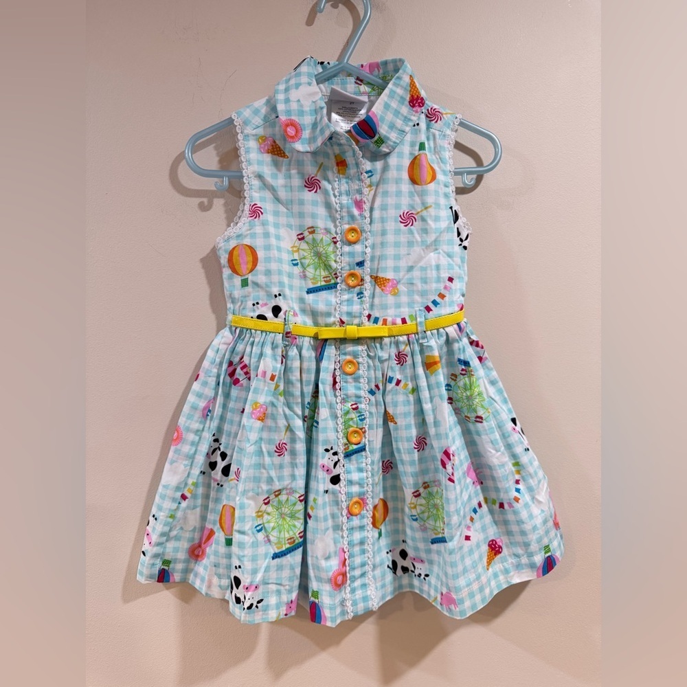 🔥NWOT Nannette Kids Light Blue Gingham Sundress with Carnival Print Size 2T 🔥
